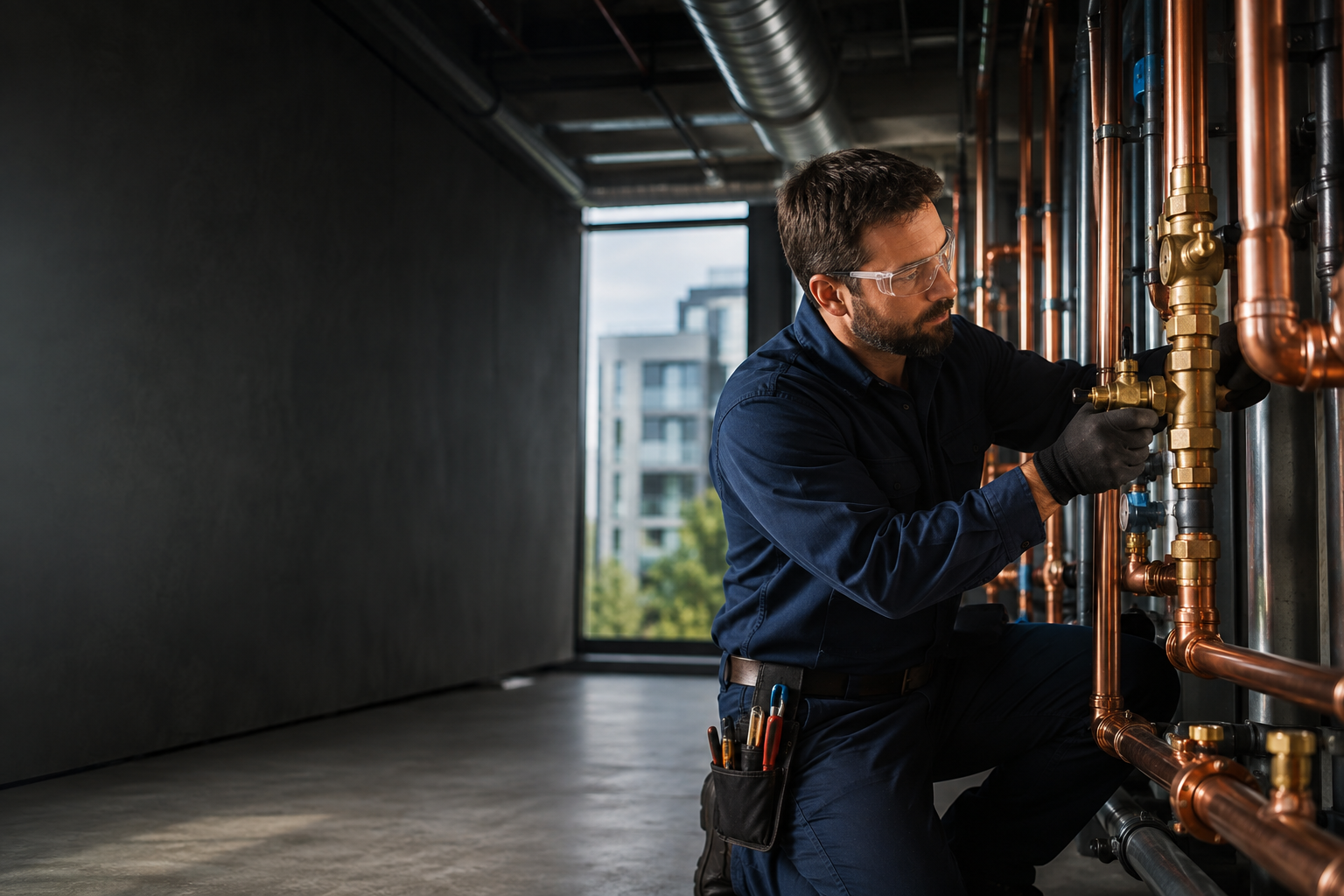 Plumber inspecting copper piping in a modern mechanical room